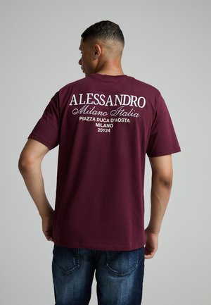 Mann mit dem Rücken zur Kamera, trägt ein kastanienbraunes T-Shirt mit weißem Text ""Alessandro Milano Italia Piazza Duca D'Aosta Milano 20124"".