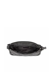 Schwarze Leder-Umhängetasche mit einem Reißverschluss oben, gestepptem Bezug und glattem Innenfutter. Ein kleines Innenfach ist enthalten.