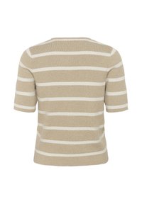 Beige knit sweater with short sleeves, featuring white horizontal stripes, textured surface, and a crew neckline. Back view shown.