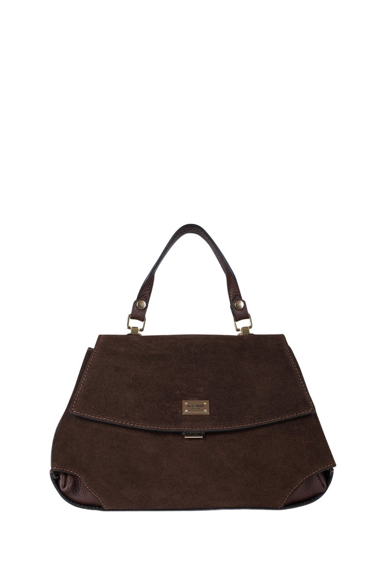 Borsa in camoscio marrone con design strutturato, dettagli in pelle scura, ferrature dorate e chiusura magnetica. Dotata di un doppio manico in pelle.