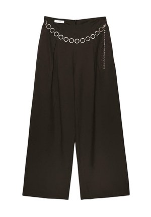 Schwarze, weit geschnittene Hosen mit hoher Taille und dekorativem silbernem Kettengürtel mit runden Gliedern auf der Vorderseite.