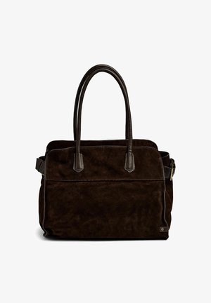 Mørkebrun ruskinds taske med to rundede håndtag, læderdetaljer og rektangulær form. Har en frontlomme og justerbar rem.