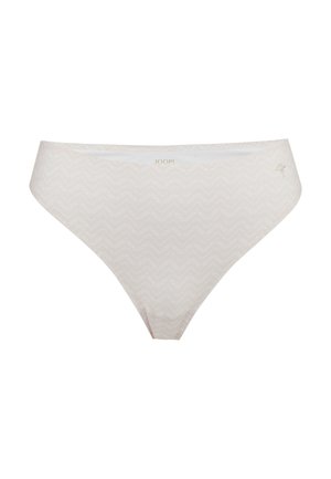 Light beige bikini bottom with a subtle chevron pattern, featuring a logo, made from soft fabric and designed for a comfortable fit.