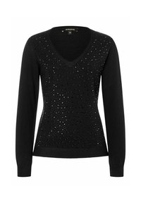 Schwarzer Strickpullover mit V-Ausschnitt, verziert mit schimmernden Applikationen in verschiedenen Größen auf der Vorderseite, langen Ärmeln und einer figurbetonten Silhouette.