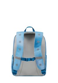 Blue backpack with a mesh back and padded straps. Features snowflake patterns, adjustable buckle straps, and gray accents.