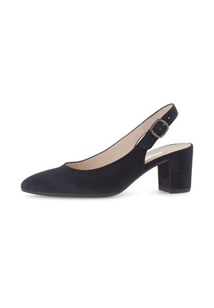 Schwarze Wildleder-Slingback-Pumps mit spitzem Zeh, einem mid-high Blockabsatz und einem verstellbaren Schnallenriemen für einen sicheren Sitz.