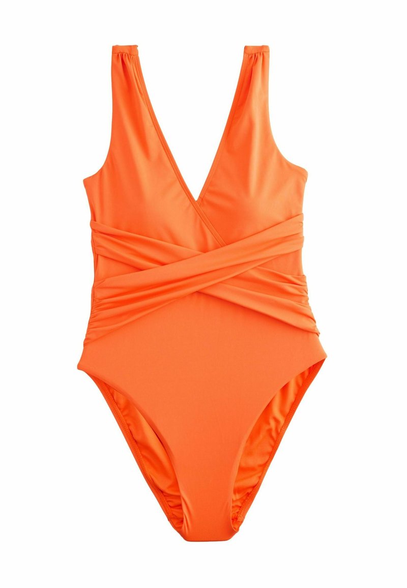 Costume intero di colore arancione brillante, con scollatura a V profonda, dettagli arricciati in vita e un tessuto morbido e elastico.