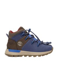 Zapatos de senderismo para hombre de media caña en cuero azul y marrón con una superficie texturizada, logotipo destacado y cordones elásticos con topes de plástico.