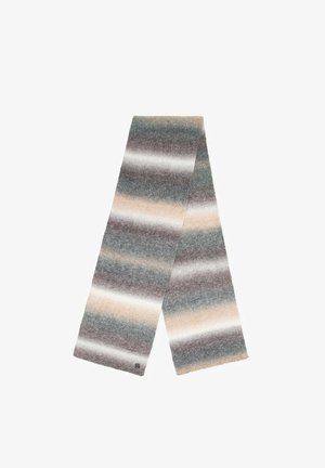 Paski szalik z miękkiego dzianego materiału. Posiada poziome pasy w kolorach szarym, beżowym i kremowym. Teksturowany wzorem prążkowanym.