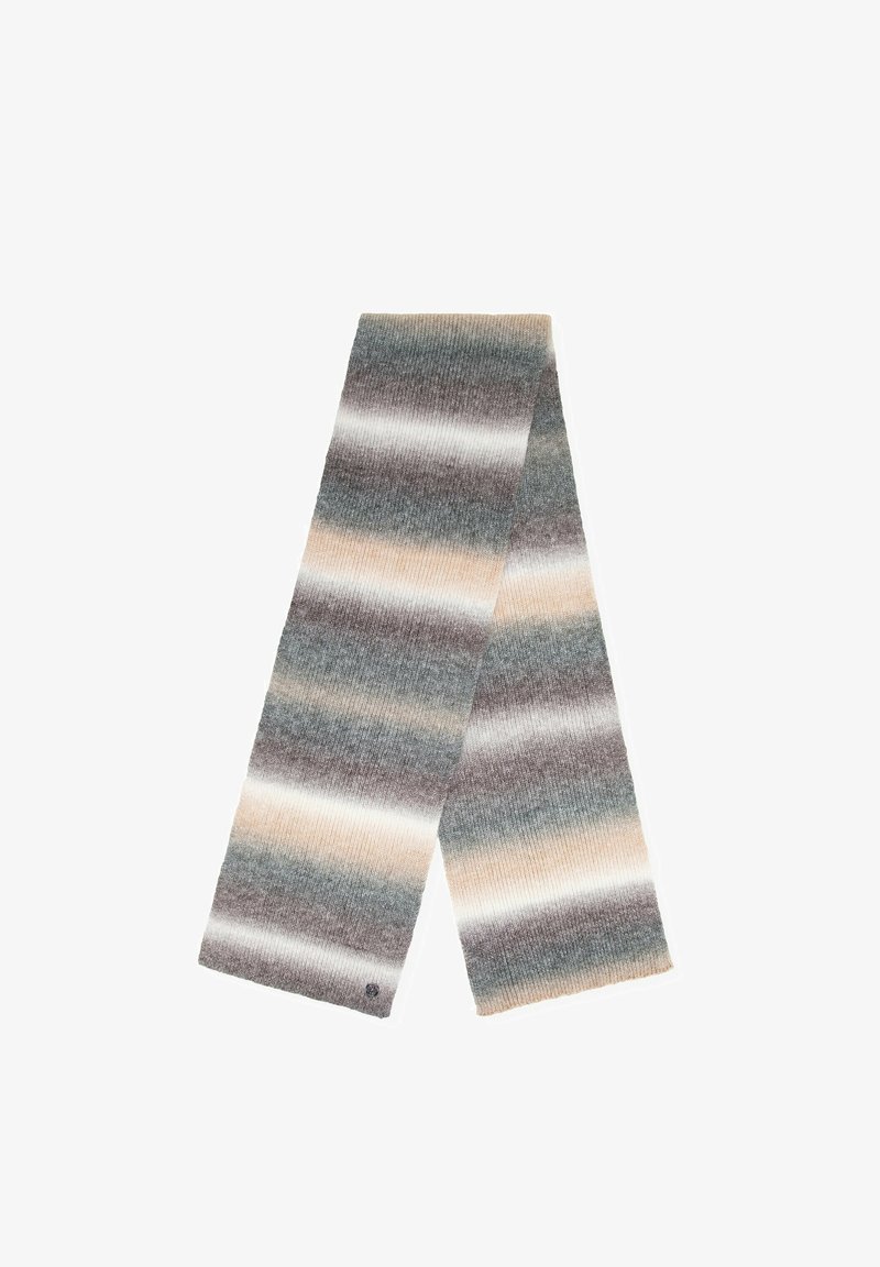Sciarpa a righe in morbido materiale a maglia. Presenta bande orizzontali in grigio, beige e crema. Testurizzata con un motivo a coste.