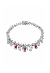 Diamond-studded necklace in white metal, featuring alternating marquise and pear-cut gems with two prominent pink stones at the center.
