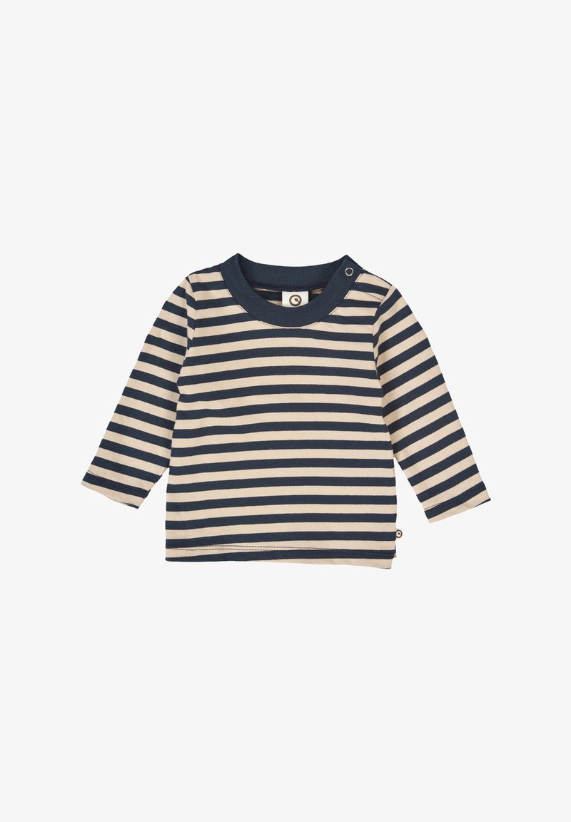 Long-sleeve shirt with navy and cream horizontal stripes, round neck with dark blue trim, and button accents on shoulder. Soft cotton material.