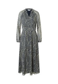 Langärmliges Kleid in Knöchellänge mit geometrischem Streifenmuster in Marineblau und Beige, Knöpfe vorne und elastische Bündchen.