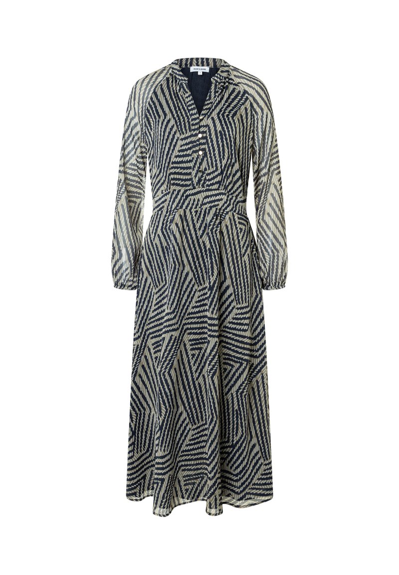 Langärmliges Kleid in Knöchellänge mit geometrischem Streifenmuster in Marineblau und Beige, Knöpfe vorne und elastische Bündchen.