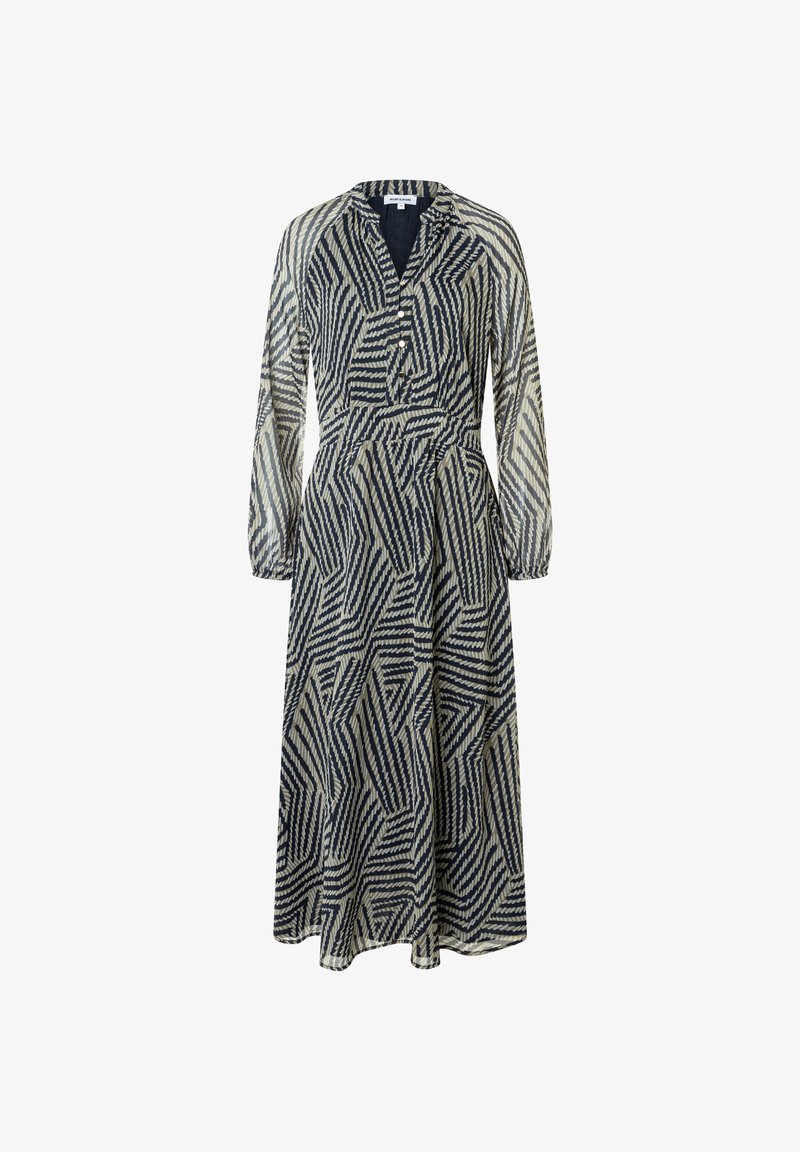 Long-sleeve, ankle-length dress with geometric navy and beige striped pattern, buttons on front, and elastic cuffs.
