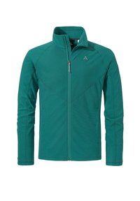 Türkisfarbene Fleecejacke mit vollem Reißverschluss, Stehkragen und schräge Nahtdetails. Auf der oberen linken Seite befindet sich ein kleines Logo.