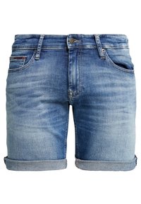 Modré džíny šortky s ohrnutými manžetami, předním knoflíkem a zipem, a pěti kapsami včetně malé kapsy na mince.