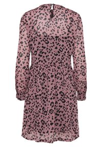 Robe rose à manches longues avec imprimé léopard noir, manches en voile, fermeture par bouton à l'encolure dans le dos et taille froncée.
