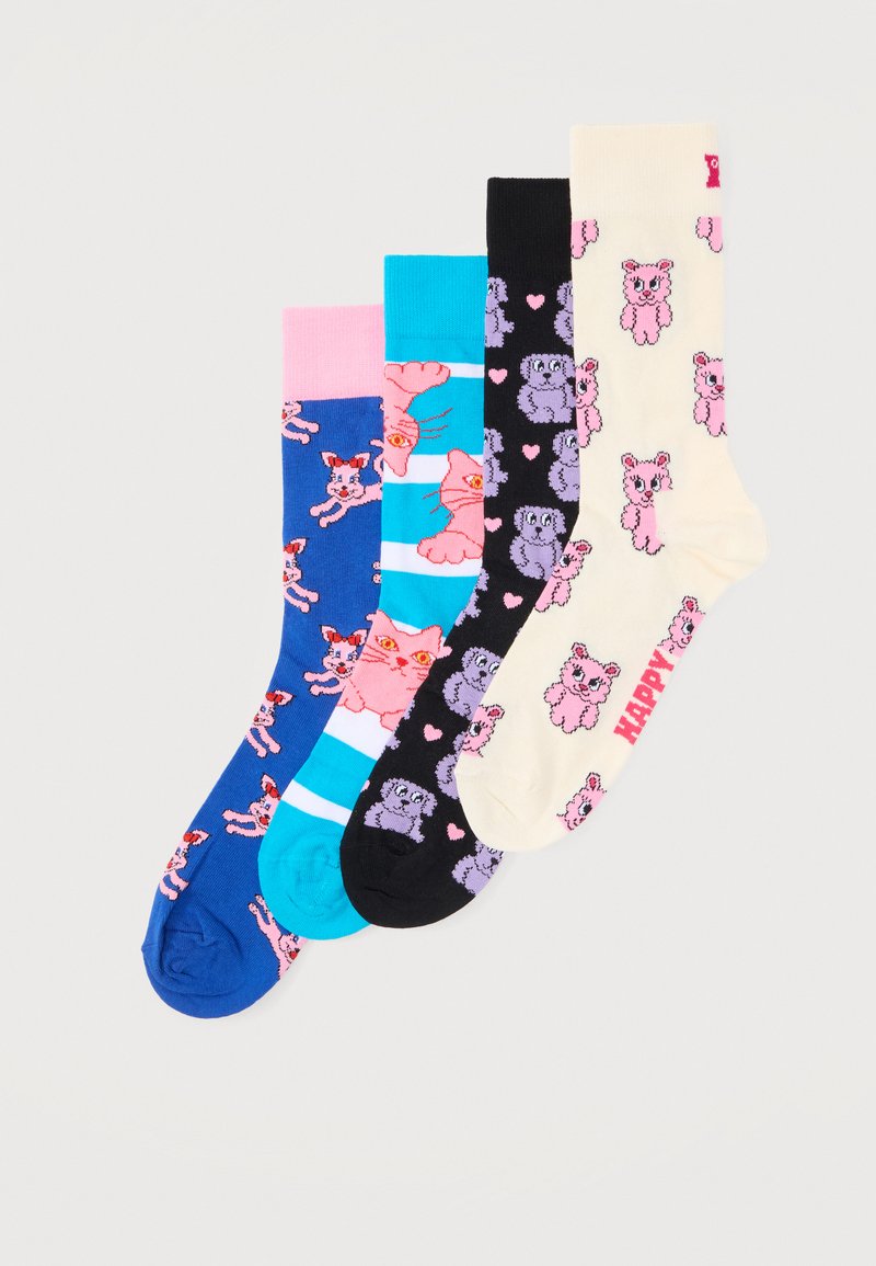 Four colorful socks with cat and bear patterns, including pink cats on blue, striped blue, purple bears on black, and pink bears on cream.
