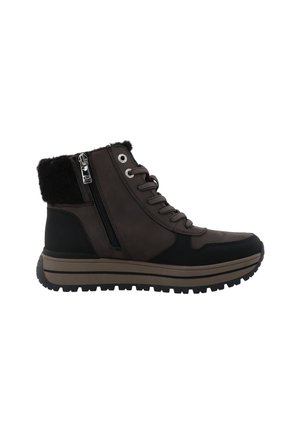 Black and brown winter boot with lace-up front, side zipper, thick tread sole, and fur-lined collar for warmth and traction.