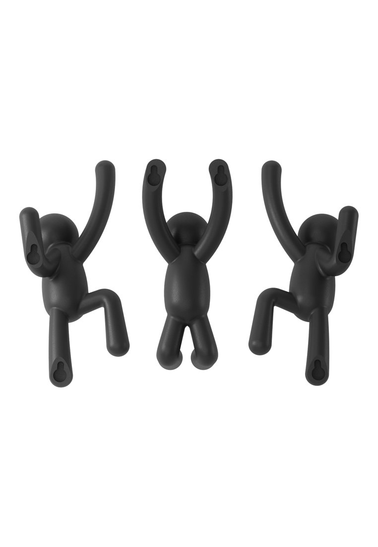 Ganci da parete in plastica nera a forma di figure stilizzate con le braccia alzate, che mostrano un design giocoso. Ogni figura ha una superficie liscia e rotonda.