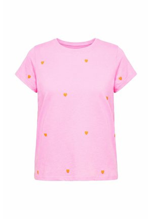 Różowy T-shirt z krótkim rękawem z małymi, rozproszonymi pomarańczowymi serduszkami, okrągłym dekoltem i prostym, codziennym stylem.