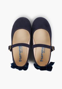Zapatos Mary Jane de ante azul marino con punta redonda, tirante de tobillo, herrajes dorados y lazos de terciopelo azul marino en el tacón. Forro interior beige con marca.