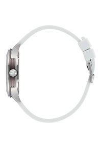 Sidabro nerūdijančio plieno laikrodis su baltu silikono dirželiu. Ypatybės: apvalus ciferblatas, tekstūruotas rėmas ir iškili karūna šone.