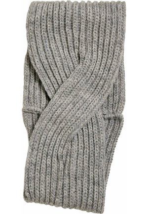 Knit gray headband with twisted design, featuring a thick ribbed texture. Made from soft material for warmth and comfort.