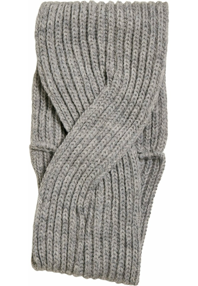 Fascia per testa grigia lavorata a maglia con design intrecciato, caratterizzata da una texture a coste spesse. Realizzata in materiale morbido per calore e comfort.