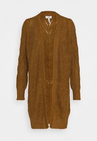 Ruskea neulottu college, jossa on avoin etuosa, teksturoitu langankiertokuvio ja pitkät hihat. Materiaali näyttää pehmeältä ja kevyeltä.