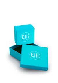 Turquoise gift box with a glossy finish, featuring white logo text, partially open revealing a dark green interior lining.