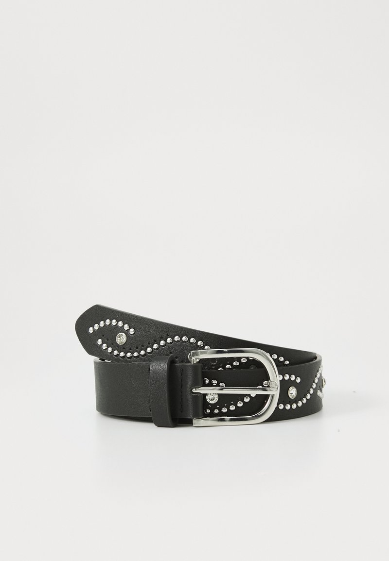 Black faux leather belt featuring silver studs in a wavy pattern, with a silver metal buckle and a textured finish.