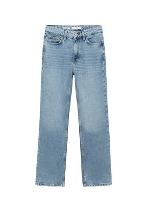 Light blue denim jeans with a straight cut, five-pocket design, subtle fading, and contrasting stitching. No visible hardware accents.