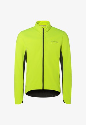 Leuchtend gelb-grüne langärmelige Fahrradjacke mit schwarzen Seitenteilen, durchgehendem Frontreißverschluss, Stehkragen und Vaude-Logo auf der Brust.
