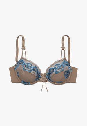 Beiger gepolsterter Bh mit blauer Blumenstickerei, Spitzenbesatz und Banddetails. Verstellbare Satinträger und eine glatte Stoffoberfläche.