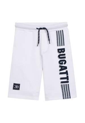 White shorts with black drawstring, vertical black "BUGATTI" text with stripes on right leg, and Bugatti logo patch on left leg hem.