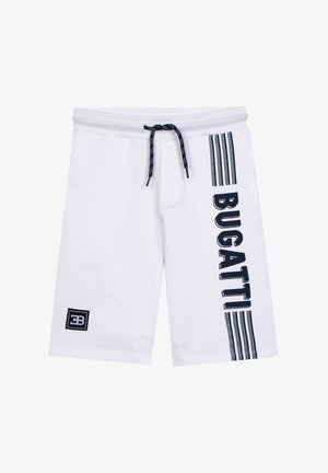 Pantaloncini bianchi con coulisse nera, testo verticale nero "BUGATTI" con strisce sulla gamba destra e patch con logo Bugatti sull'orlo della gamba sinistra.