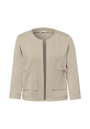 Chaqueta beige para mujer con apertura frontal, mangas largas, cuello redondo y dos bolsillos de parche delanteros.