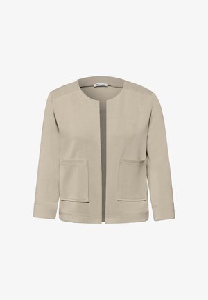 Veste beige pour femme, ouverte à l'avant, manches longues, col rond et deux poches plaquées à l'avant.