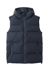 Mornarško modra puhovka brez rokavov s kapuco, sprednjim zadrgo, dvema zadrgama na stranskih žepih in prešitimi deli za izolacijo. Gladka tekstura.