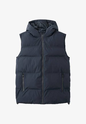 Marineblå puffer vest med hætte, frontlynlås, to lynlåslommer på siden og kviltede sektioner til isolering. Glat tekstur.
