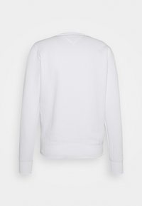 Felpa bianca, collo tondo, maniche lunghe, materiale in cotone, polsini e orlo a costine, design semplice senza motivi o dettagli, vista posteriore.