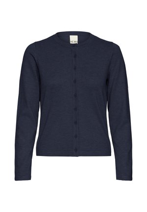 Cardigan à manches longues bleu marine en tissu côtelé, doté d'un col rond, d'une fermeture à boutons et d'une silhouette ajustée.