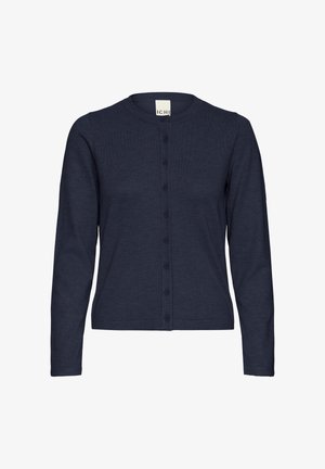 Tmavomodrý kardigán s dlhými rukávmi vyrobený z rebrovanej látky, s okrúhlym výstrihom, zapínaním na gombíky a priliehavým strihom.