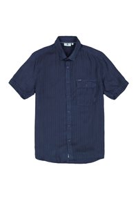 Chemise à manches courtes bleu marine à boutons avec une poche, des rayures verticales et un col. Fabriquée en tissu léger.