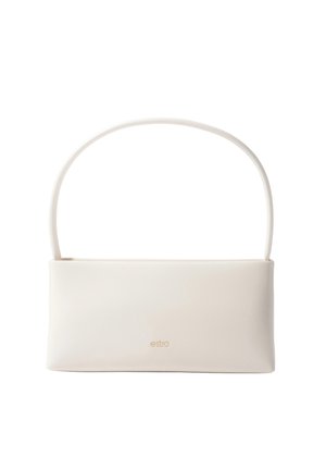 Borsa rettangolare color crema con sottile tracolla e piccolo logo dorato "estra" al centro davanti.