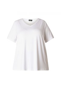 Witte katoenen T-shirt met korte mouwen en een v-hals ontwerp. Heeft een losse pasvorm en een gladde textuur zonder zichtbare patronen of accenten.