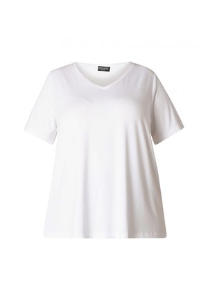 Witte katoenen T-shirt met korte mouwen en een v-hals ontwerp. Heeft een losse pasvorm en een gladde textuur zonder zichtbare patronen of accenten.