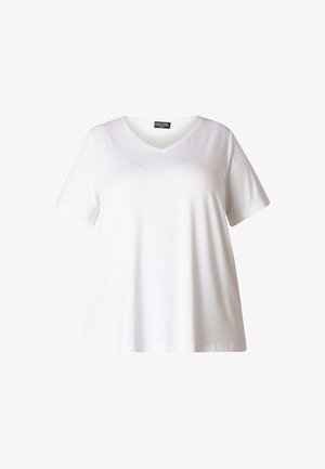 Witte katoenen T-shirt met korte mouwen en een v-hals ontwerp. Heeft een losse pasvorm en een gladde textuur zonder zichtbare patronen of accenten.